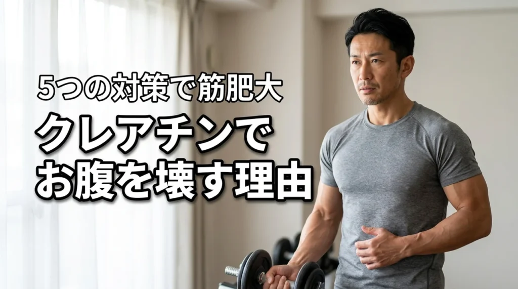 クレアチンでお腹壊す5つの原因と対策！下痢を防いで筋肥大を最大化する方法（記事のアイキャッチ画像）