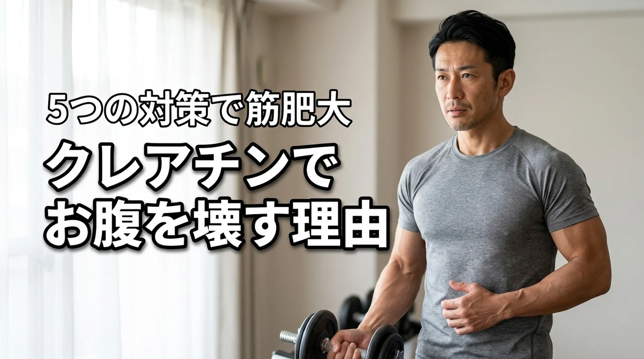 クレアチンでお腹壊す5つの原因と対策！下痢を防いで筋肥大を最大化する方法（記事のアイキャッチ画像）