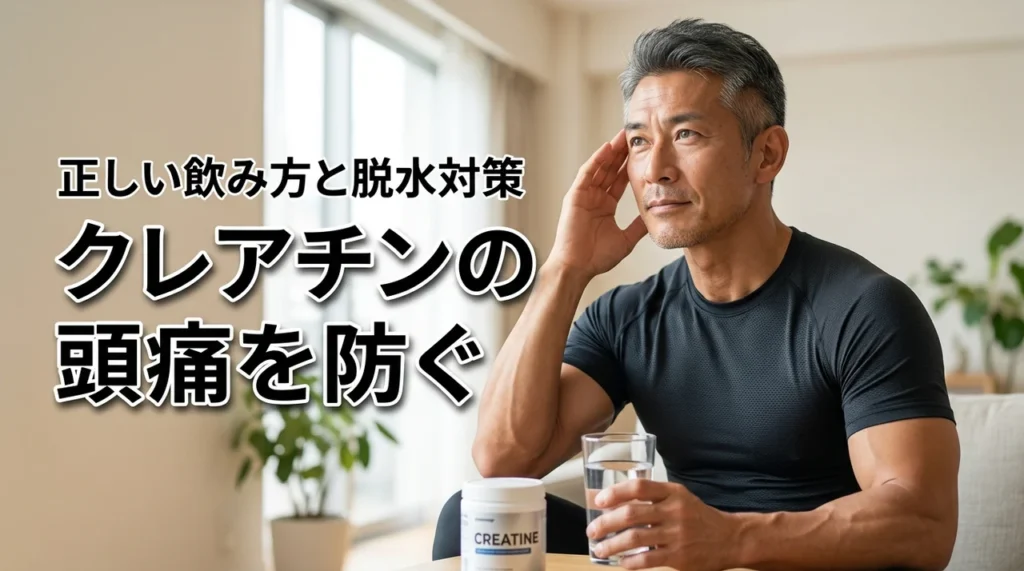 クレアチン摂取後の頭痛が気になる方へ！原因は脱水？副作用を防ぐ飲み方のコツを紹介（記事のアイキャッチ画像）