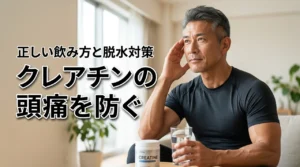 クレアチン摂取後の頭痛が気になる方へ！原因は脱水？副作用を防ぐ飲み方のコツを紹介（記事のアイキャッチ画像）